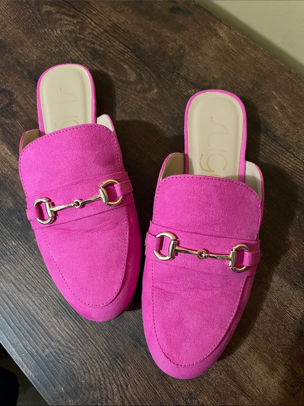 Bright Pink Suede Slip-On Mules with Gold Bit Detail